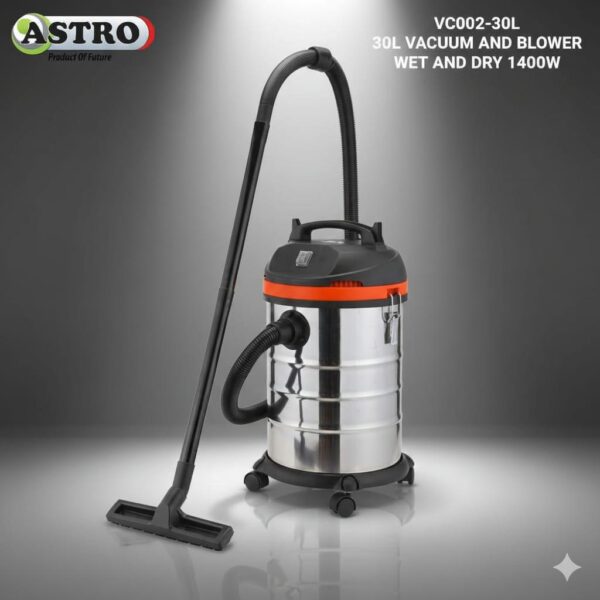 Astro 30L Wet & Dry Vacuum Cleaner with Blower Astro 30L Wet and Dry Vacuum Cleaner with Blower Function – 1400W Powerful Motor, Stainless Steel Tank, 17Kpa Suction, 30L Dust Capacity