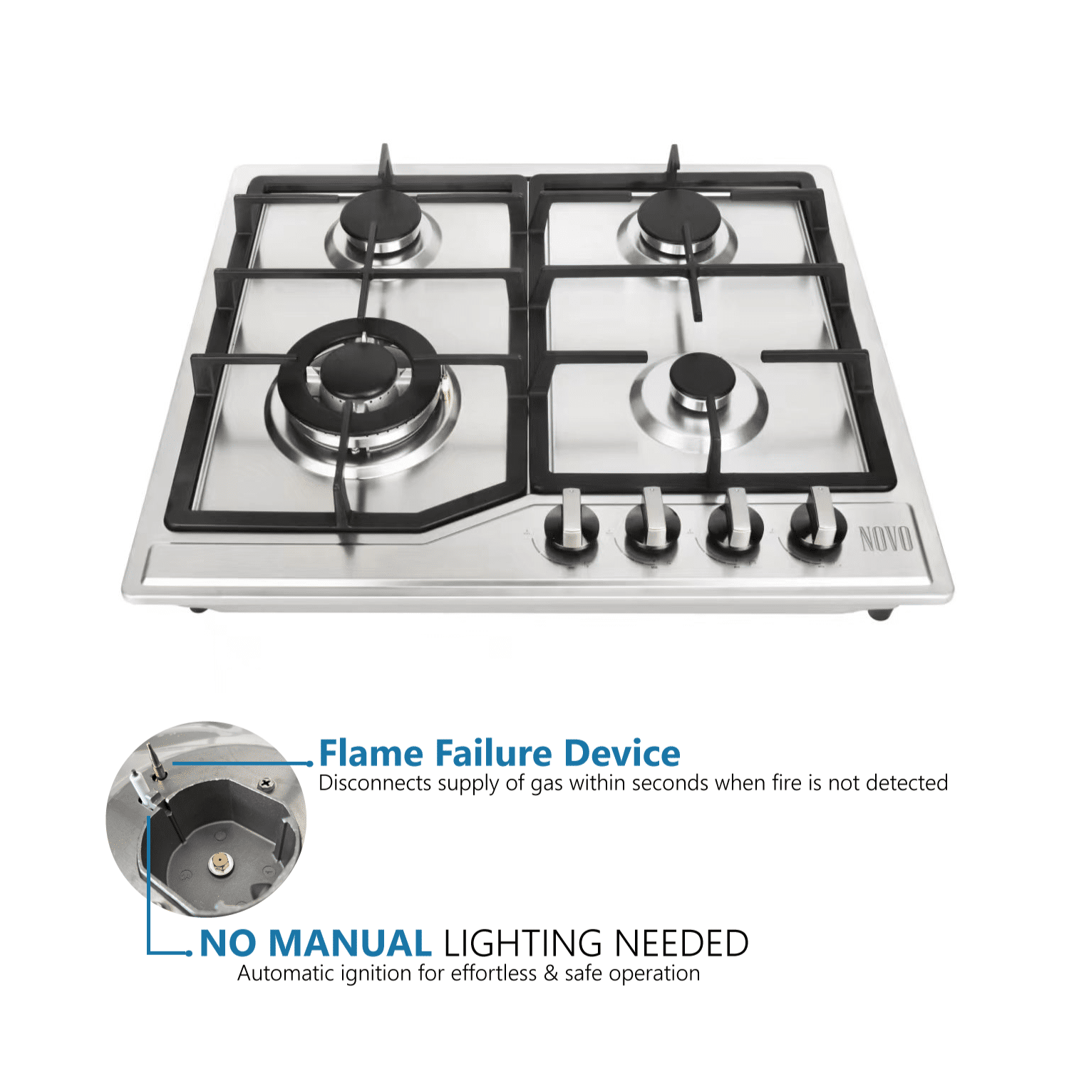 Novo 4 Burner Stainless Steel Gas Cooker Hob with FFD H59-1