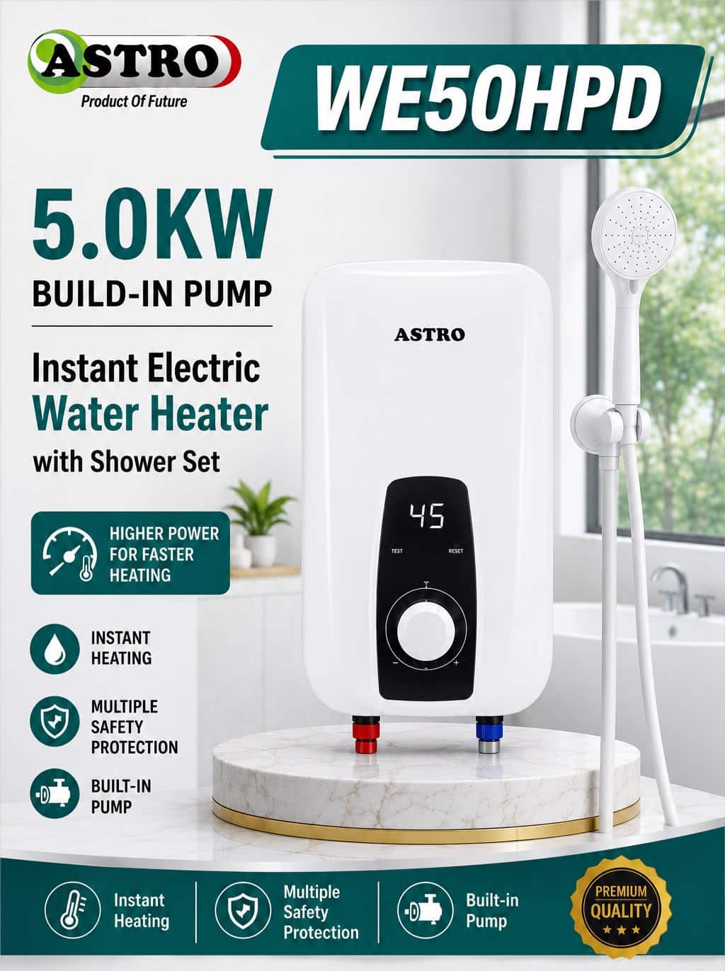 5.0KW Astro Instant Electric Water Heater Shower Set with Built-in Pump
